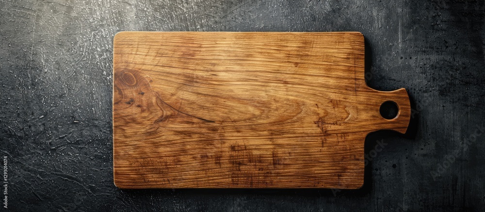 Aufkleber Wooden rectangular cutting board on dark concrete surface with space for text, featuring warm brown tones and a rounded handle on the side.