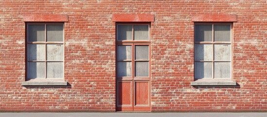 Fototapeta premium Vintage red clinker brick wall with two windows and a central wooden door, showcasing weathered textures and a modernized appearance.