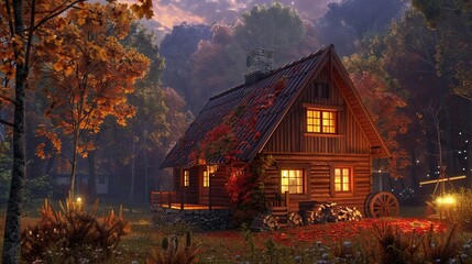 Cozy autumn evening by rustic barn, peaceful retreat with warm lights, falling leaves, countryside charm, and serene flat design scene