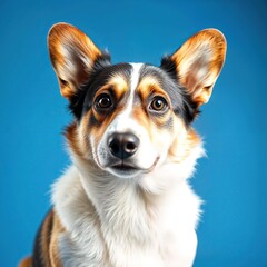 A corgi dog with brown and white fur, pointy ears, and a happy expression, set against a solid light blue background