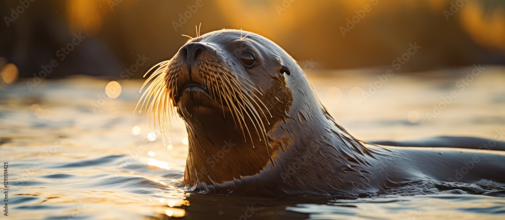 Poster sea lion swimming in calm water during sunrise with golden light reflecting on the surface and soft 