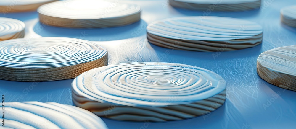 Poster wooden circular coasters with layered texture arranged in a soft blue background creating an elegant