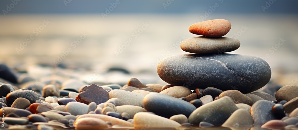 Poster Stacked smooth stones in various colors on a pebbled beach with soft background hues of blue and gold, symbolizing natural beauty and serenity.
