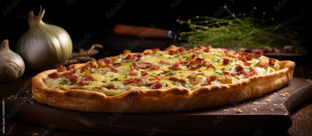 Poster leek tart topped with crispy bacon and melted cheese on a dark wooden table with soft lighting, feat