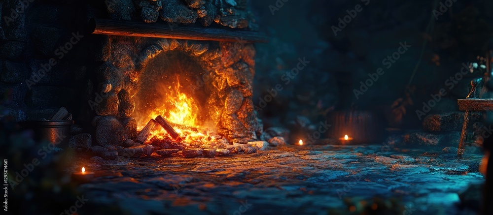 Aufkleber cozy rustic fireplace setting with glowing orange flames and flickering candlelight on blue stone fl