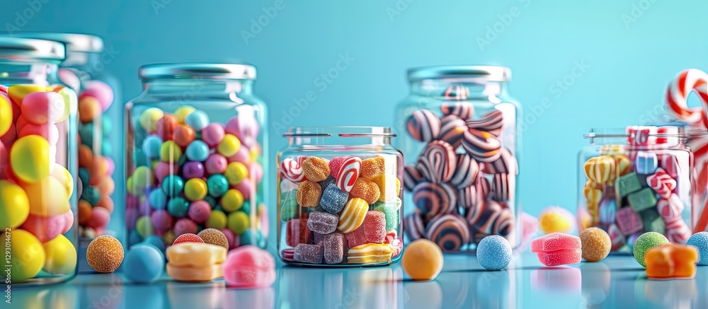 Poster Colorful candies in clear glass jars arranged in a row on a soft blue background with ample space for text and vibrant candy details visible