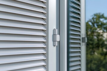 Obraz premium Modern window design with louvred shutters and greenery in the background during a bright day