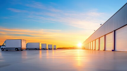 A serene sunset over a warehouse with parked trucks, highlighting a calm industrial landscape.cargo management warehouse scheduling