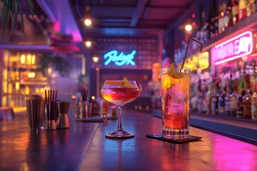 Elegant cocktails illuminated by neon lights on a bar counter, creating a vibrant and inviting nightlife scene