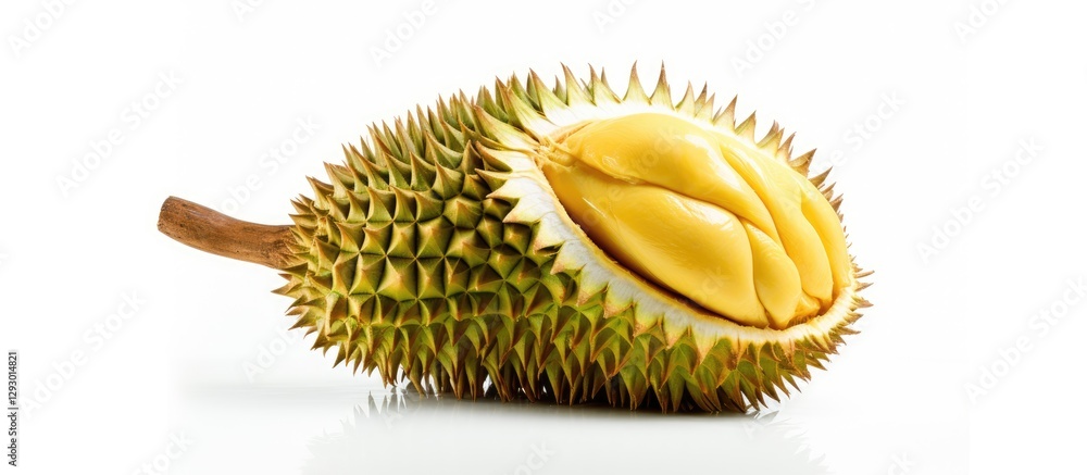 Poster durian fruit with spiky green exterior and yellow flesh displayed on a clean white background highli