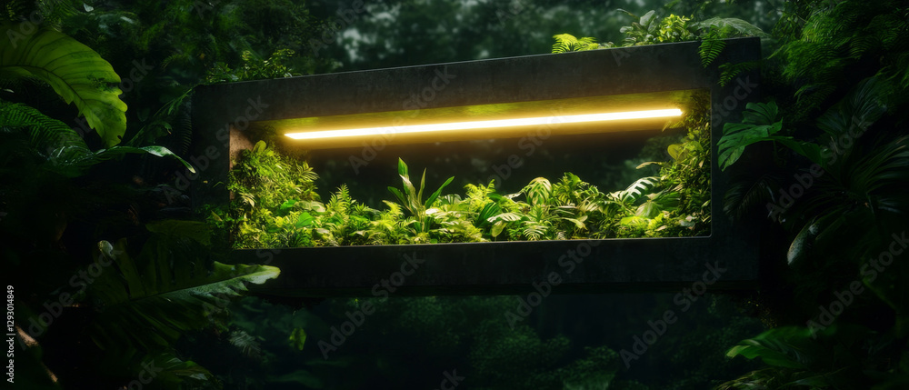 Poster modern eco friendly design featuring lush greenery in concrete structure illuminated by warm light, 