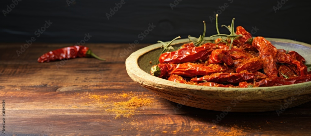 Poster Dried tomatoes arranged in a rustic bowl on a wooden table with scattered spices and a chili pepper on the left creating empty space for text.