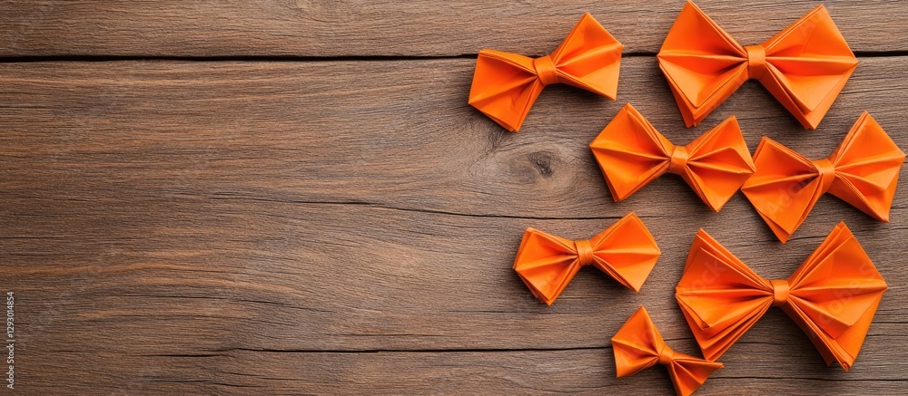 Poster orange origami bow ties arranged asymmetrically on a rustic wooden surface with a warm brown hue sho