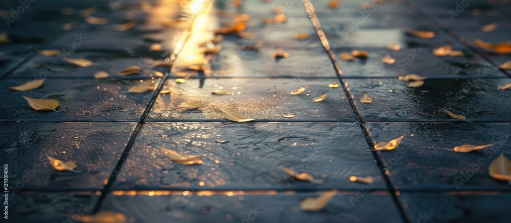 Poster moist tiled floor with scattered autumn leaves, light reflections creating warm tones, depth perspec
