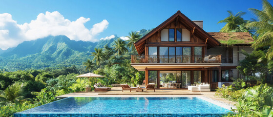 Obraz premium Luxurious modern mansion with pool, surrounded by tropical landscape and mountains