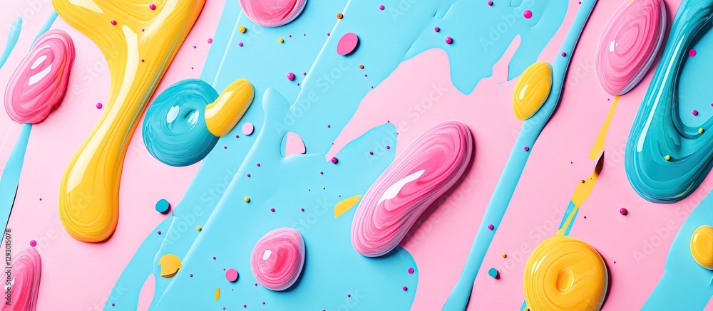 Poster colorful abstract paint splashes in vibrant pink, blue, yellow, and turquoise hues, evenly distribut