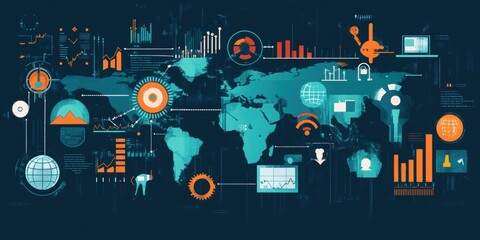 Obraz premium Global Network: Illustrating the interconnectedness of the world through a digital interface, with a focus on data visualization and technology.