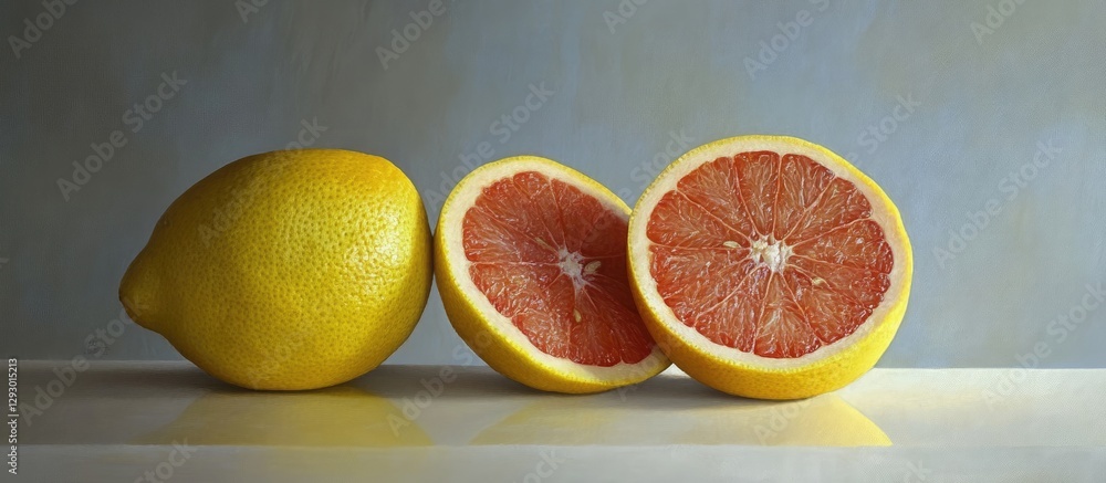 Poster vibrant display of fresh yellow lemon next to sliced red grapefruit on a neutral background showcasi