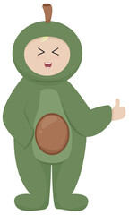 kid in green avocado pajamas with pit kigurumi, cute baby vector illustration in flat style, character