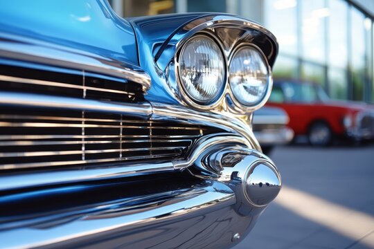Classic blue vintage car front grill with chrome details parked outside a dealership under bright sunlight