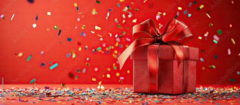 Poster festive present box wrapped in a vibrant red ribbon and bow against a bold red background with color