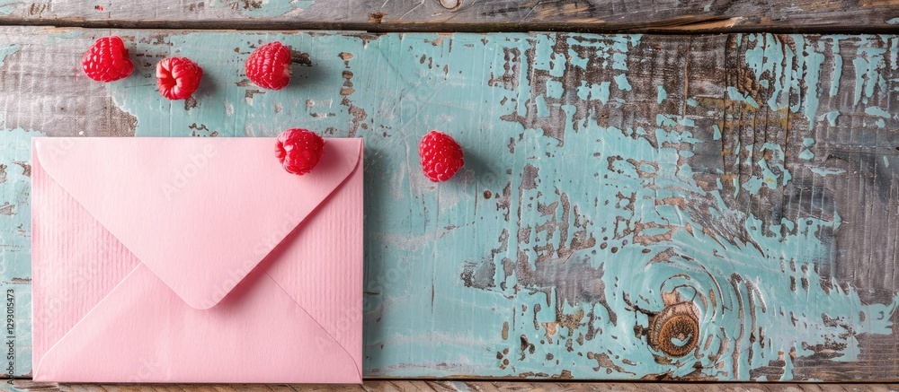 Aufkleber pink envelope on weathered turquoise wooden surface with fresh red raspberries scattered around, cre