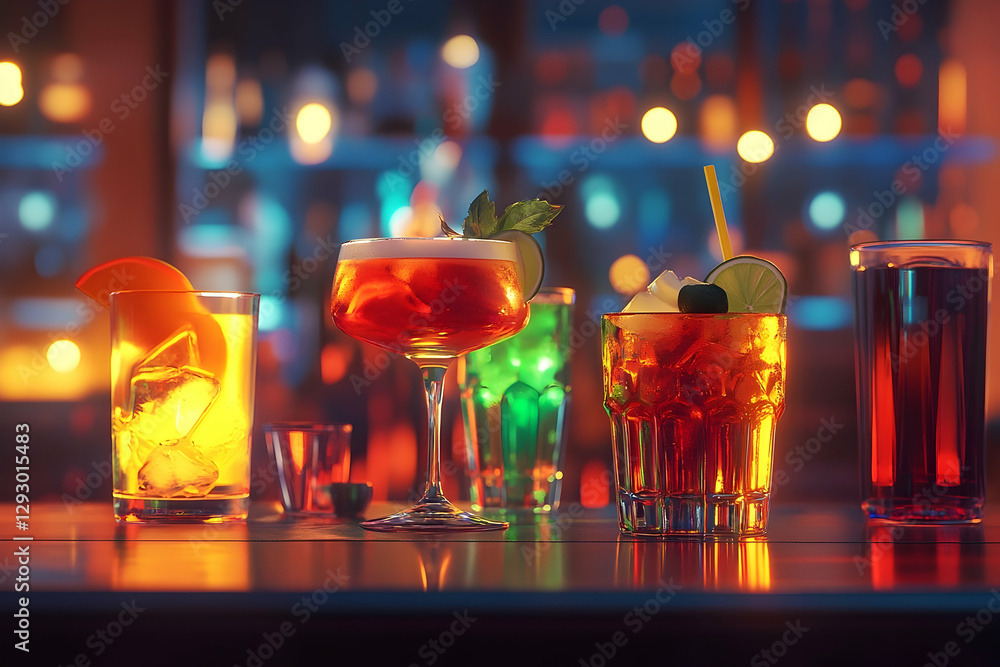 Aufkleber an array of colorful cocktails lined up on a vibrant bar counter display