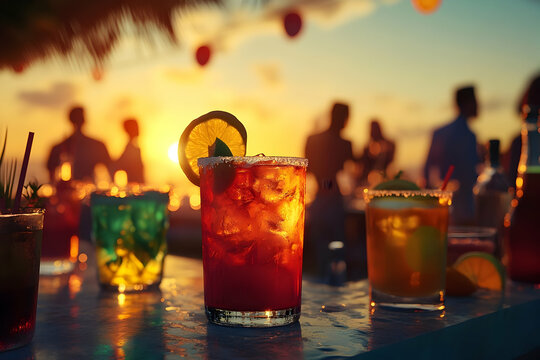 Exotic cocktails served at a sunset party, a celebration of life and relaxation by the beach with friends and family
