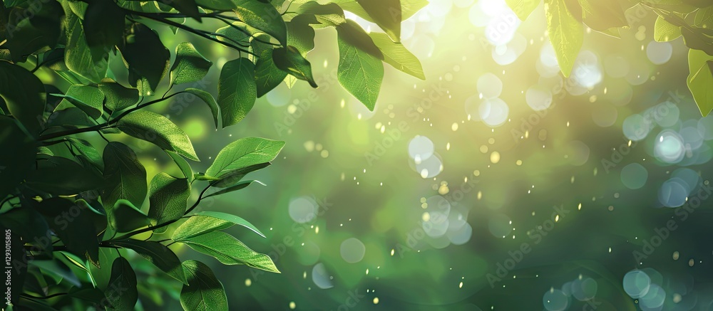 Aufkleber nature themed blurred backdrop featuring vibrant green leaves in the foreground with soft bokeh ligh