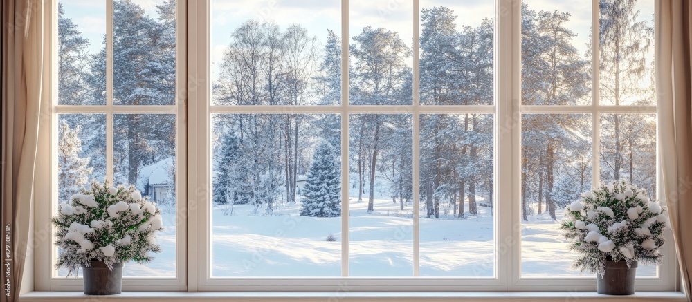 Poster Winter scene viewed through a large window with white curtains showcasing snowy trees and a decorated pine tree outside bathed in soft sunlight.