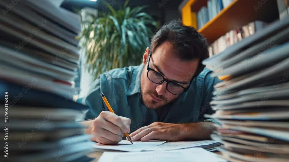 Poster a man with glasses is sitting at a table and writing something on paper. there are many stacks of do