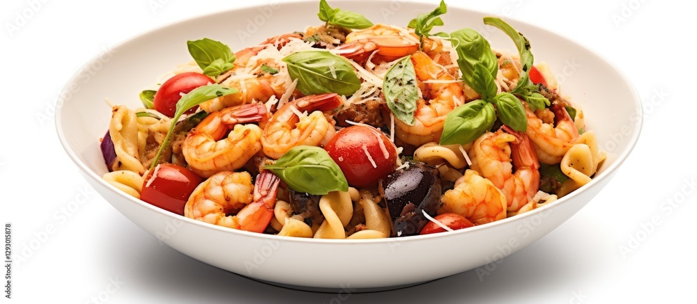 Poster pasta bowl filled with shrimp and cherry tomatoes garnished with basil and cheese on a clean white b