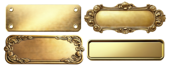 Set of golden nameplates with vintage and modern designs, isolated on transparent cutout background