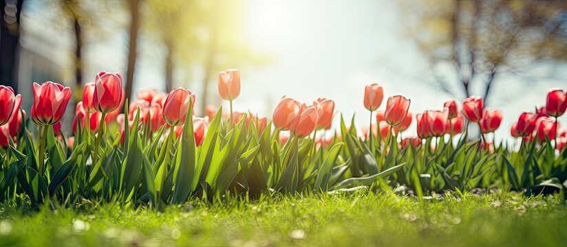Vibrant red tulips blooming on a sunlit lawn with lush green grass under a clear blue sky in a peaceful spring setting.