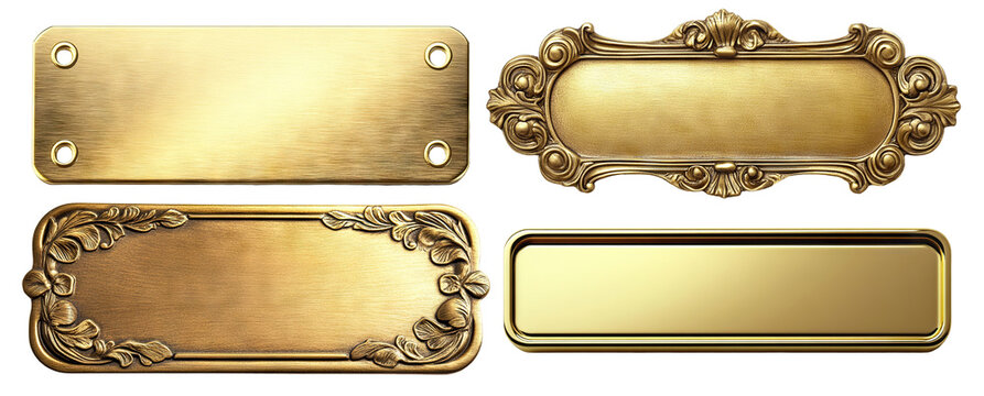 Set of golden nameplates with vintage and modern designs, isolated on transparent cutout background