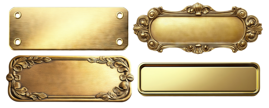 Set of golden nameplates with vintage and modern designs, isolated on transparent cutout background