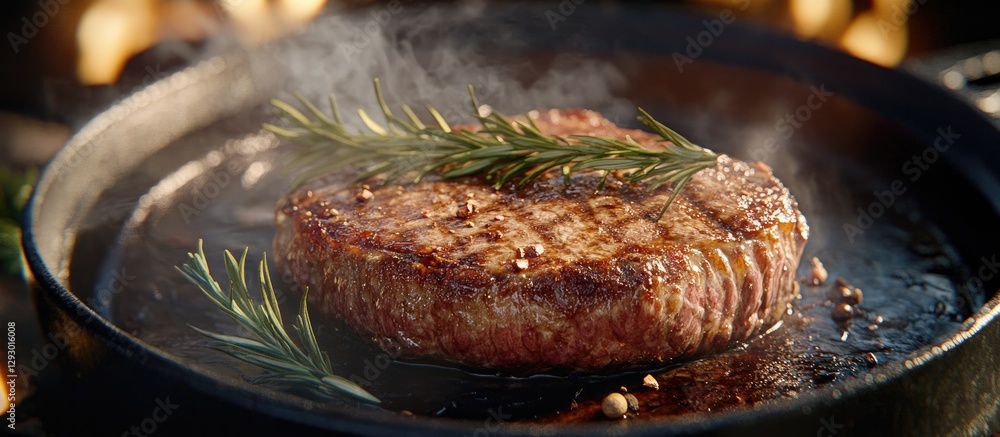 Aufkleber juicy grilled steak with char marks resting in a cast iron skillet garnished with fresh rosemary and