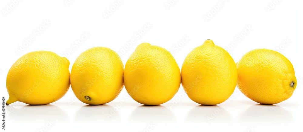 Poster five bright yellow lemons arranged in a straight line on a clean white background creating a fresh a
