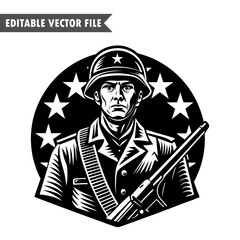 soldier with a gun, Black and White Army Soldier Icon with Stars