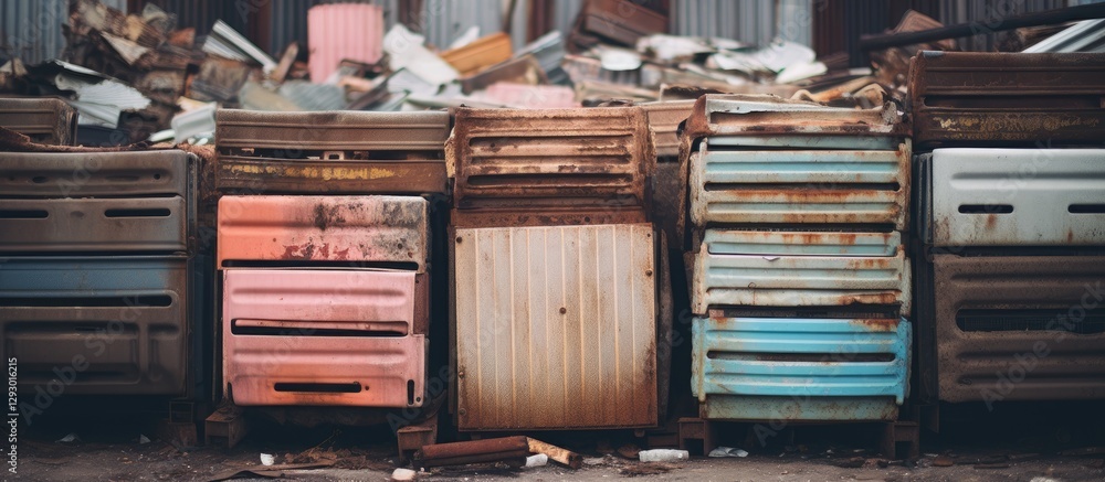 Poster Pastel colored old radiators stacked in a junkyard with rusted metal surfaces and a varied arrangement creating a patterned visual effect