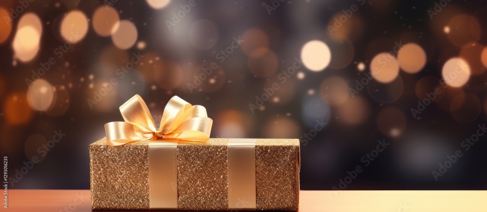 Aufkleber elegant golden gift box with a shiny ribbon positioned left, softly blurred warm bokeh lights in bac