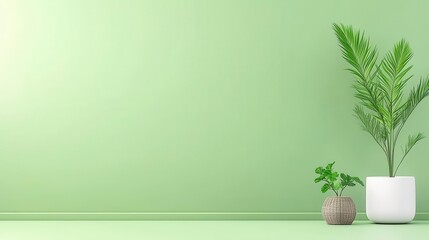 Fototapeta premium Decorative plants in pots against a soft green background.