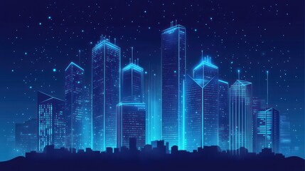 Futuristic city skyline at night, glowing buildings, starry sky, digital art, website banner (1)