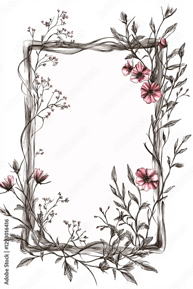 Poster hand-sketched rectangular frame with wavy edges, decorated with tiny flowers, vector isolated