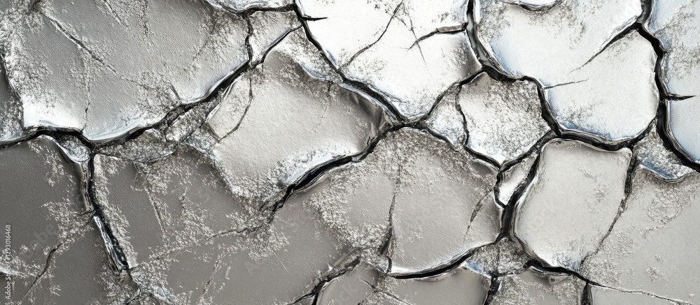 Poster Cracked silver and grey textured surface with jagged lines and irregular shapes, showcasing a contrast of light and shadow details.