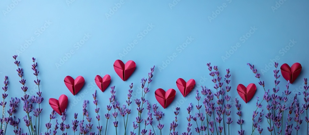 Aufkleber lavender stems in purple arranged with red paper hearts on a light blue background creating a romant