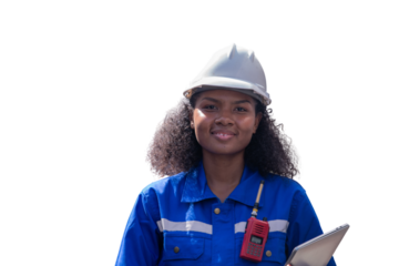 Engineer or worker against white backdrop clipping path interaction and safety gear teamwork, communication an industrial or construction setting workplace collaboration in an industrial environment.