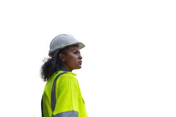 Engineer or worker against white backdrop clipping path interaction and safety gear teamwork, communication an industrial or construction setting workplace collaboration in an industrial environment.