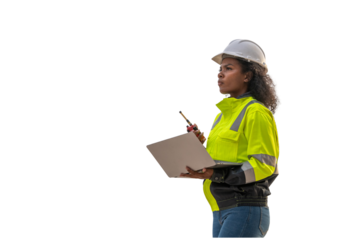 Engineer or worker against white backdrop clipping path interaction and safety gear teamwork, communication an industrial or construction setting workplace collaboration in an industrial environment.