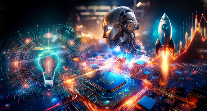Futuristic cyborg head with glowing circuits, light bulb, rocket, and digital graphs.  Illuminated technology and innovation concept.